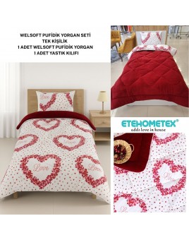 ETE HOMETEX TEK KİŞİLİK LÜX WELSOFT YORGAN SETİ LOVE BORDO 155X215CM 8696474231966